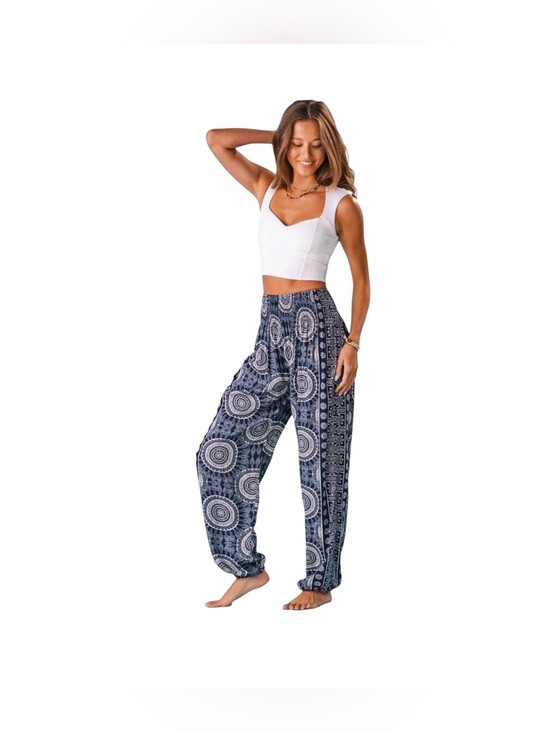 Lotus and Luna Pants - Lotus and Luna Navy Blue White Mandala Harem Pants Balloon Smocked waist S